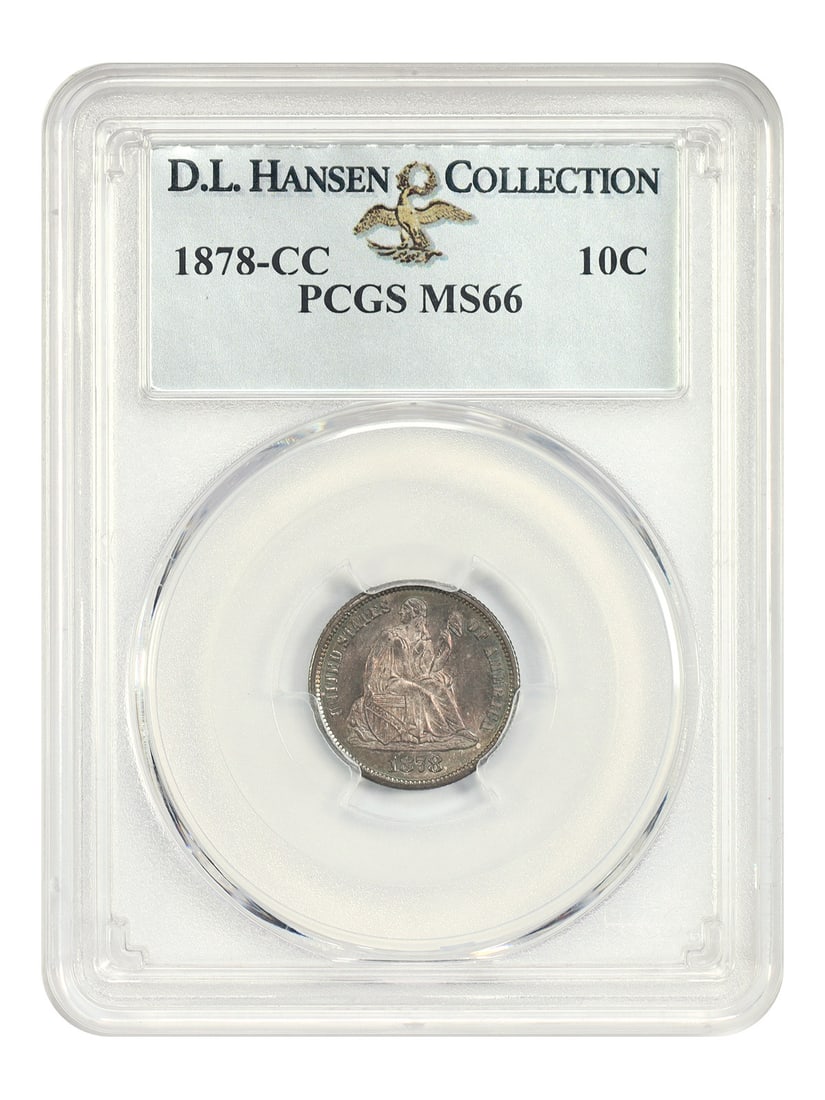 PCGS MS66 1878-CC Liberty Seated Dime ex D.L. Hansen: PCGS MS66 1878-CC Liberty Seated Dime ex D.L. Hansen 1878-CC Liberty Seated Dime certified by PCGS as MS66 and offered ex: D.L. Hansen. From a low mintage of only 200,000 pieces, premium gems like thi