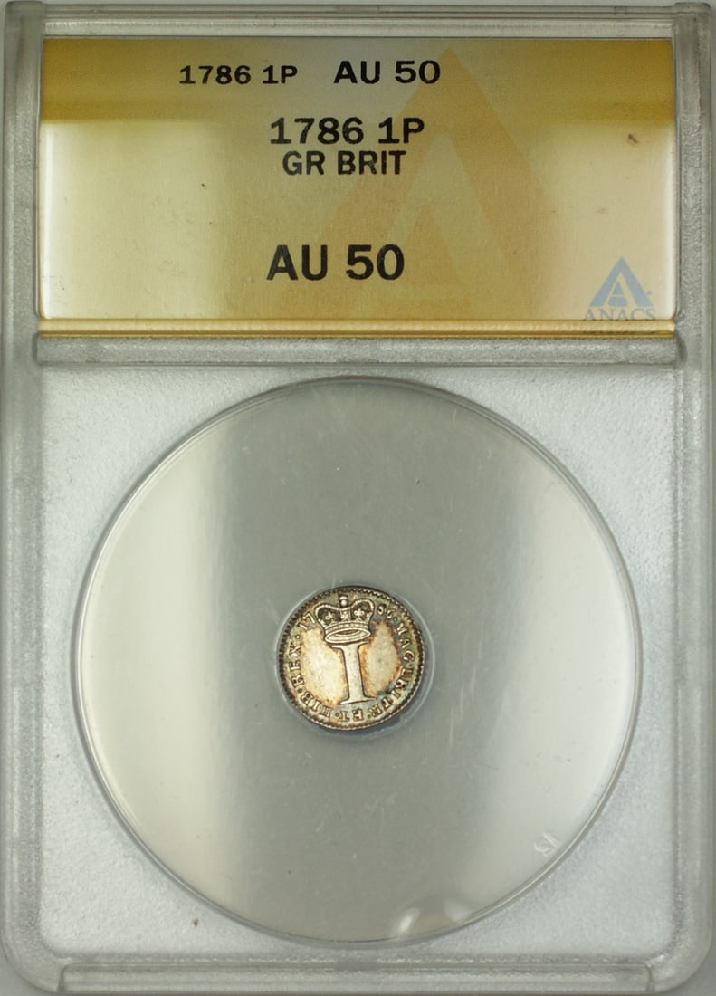 1788 United Kingdom Silver 1P Penny Coin Graded AU 50 by ANACS: 1788 United Kingdom Silver 1P Penny Coin Graded AU 50 by ANACS This is a 1788 Great Britain silver penny graded AU 50 by ANACS. The coin is composed of silver and originates from the United Kingdom. I