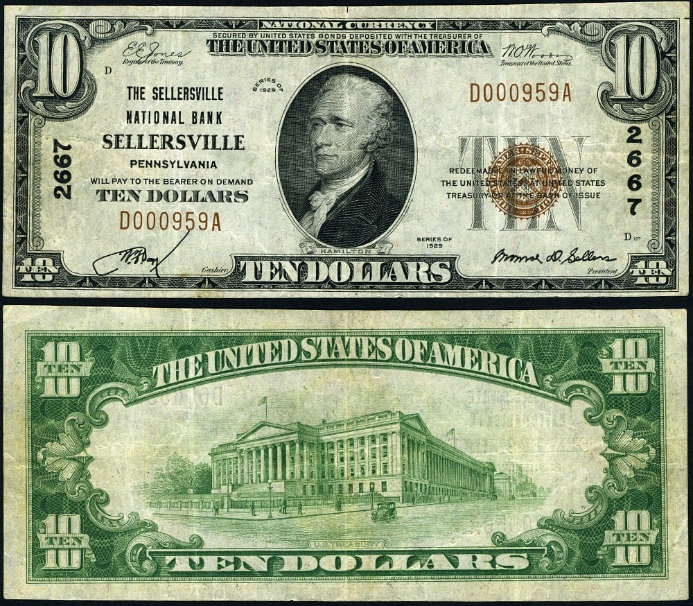 1929 T-1 $10 National Bank Note Sellersville PA Charter 2667: 1929 T-1 $10 National Bank Note Sellersville PA Charter 2667 This 1929 T-1 National Bank Note from Sellersville, Pennsylvania, features a denomination of $10 and is graded VF+. It shows nice original 