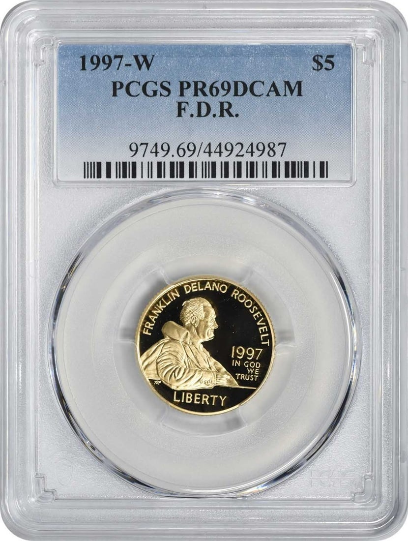 1997-W Roosevelt $5 Gold Proof Commemorative PCGS PR69DCAM: 1997-W Roosevelt $5 Gold Proof Commemorative PCGS PR69DCAM This is a 1997-W Franklin Delano Roosevelt $5 gold commemorative proof coin. Struck in gold, it is graded PR69 Deep Cameo by PCGS, ensuring a
