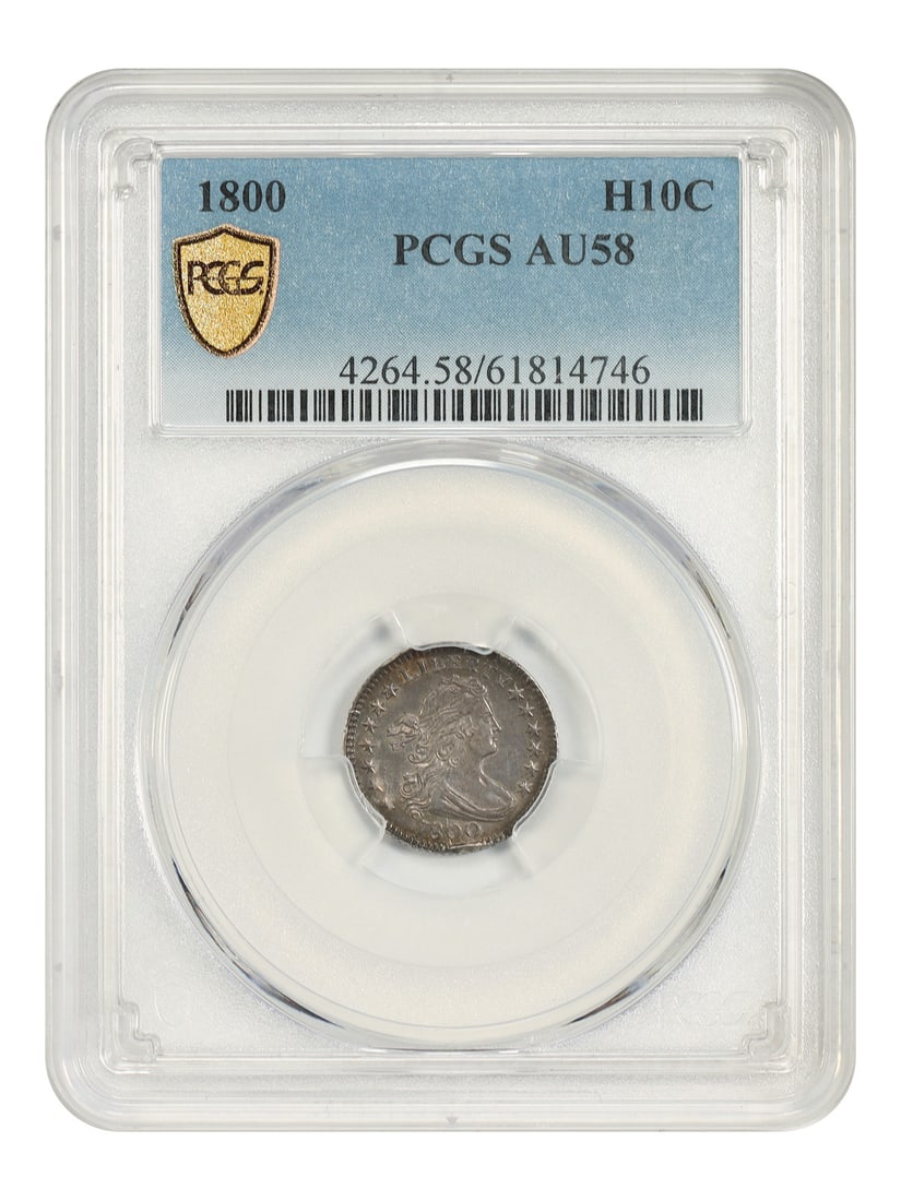 PCGS AU58 1800 Draped Bust Half Dime Heraldic Eagle Type 2: PCGS AU58 1800 Draped Bust Half Dime Heraldic Eagle Type 2 Scarce early Draped Bust Half Dime featuring the Type 2 Heraldic Eagle design. No examples of this denomination were struck in 1798 or 1799. 