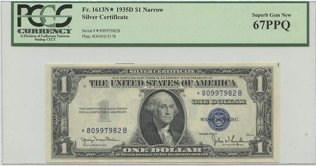 1935D $1 Silver Certificate FR#1613N* PCGS 67 Gem PPQ Narrow Star: 1935D $1 Silver Certificate FR#1613N* PCGS 67 Gem PPQ Narrow Star This 1935D $1 Silver Certificate, FR#1613N*, is a stunning example of currency, graded as a Superb Gem by PCGS with a grade of MS67. T