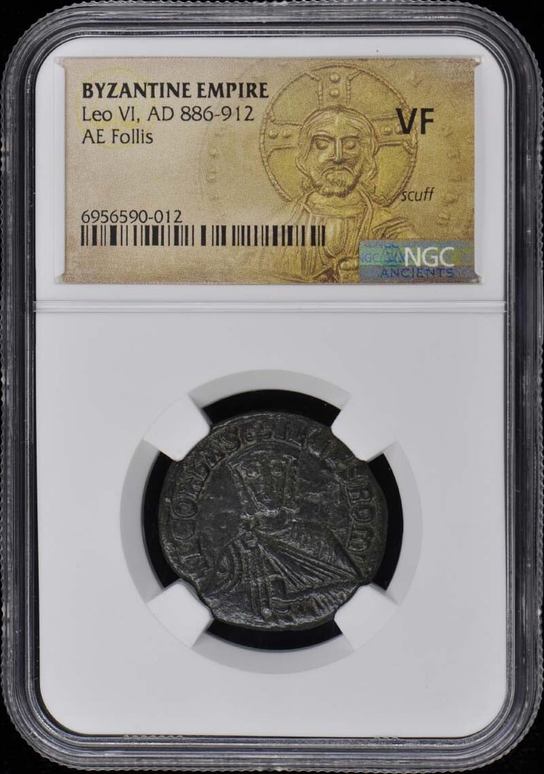 Byzantine Empire Leo VI AE Follis NGC Certified VF20 Coin: Byzantine Empire Leo VI AE Follis NGC Certified VF20 Coin This is a pre-owned Byzantine Empire AE Follis coin from the reign of Leo VI, dated AD 886-912. The coin is certified by NGC with a grade of V