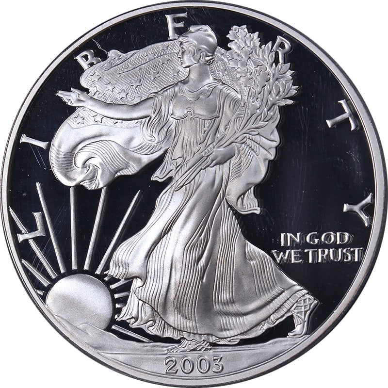 2003-W Silver American Eagle $1 PCGS PR70 DCAM Coin: 2003-W Silver American Eagle $1 PCGS PR70 DCAM Coin This stunning 2003-W Silver American Eagle $1 coin features exceptional eye appeal, showcasing fantastic luster and a strong strike. Certified by PC