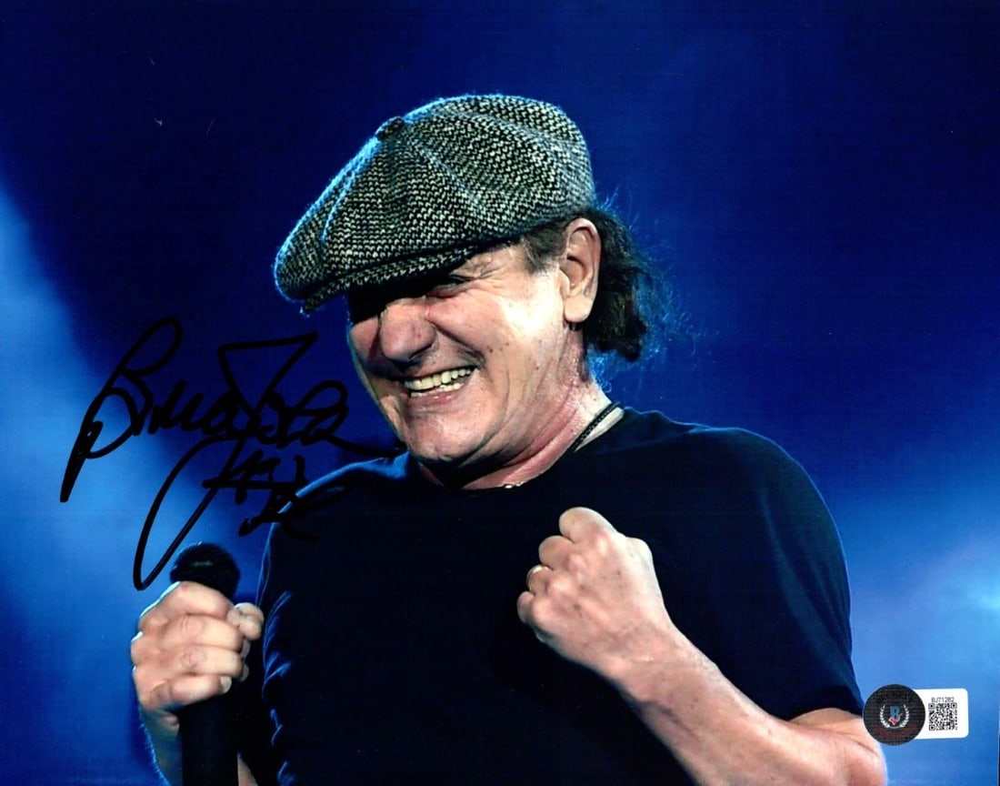 Beckett Authenticated Brian Johnson Signed 8x10 Photograph: Beckett Authenticated Brian Johnson Signed 8x10 Photograph This 8x10 photograph features a close-up image of Brian Johnson, the lead singer of AC/DC, and has been hand-signed by him. The autograph is 