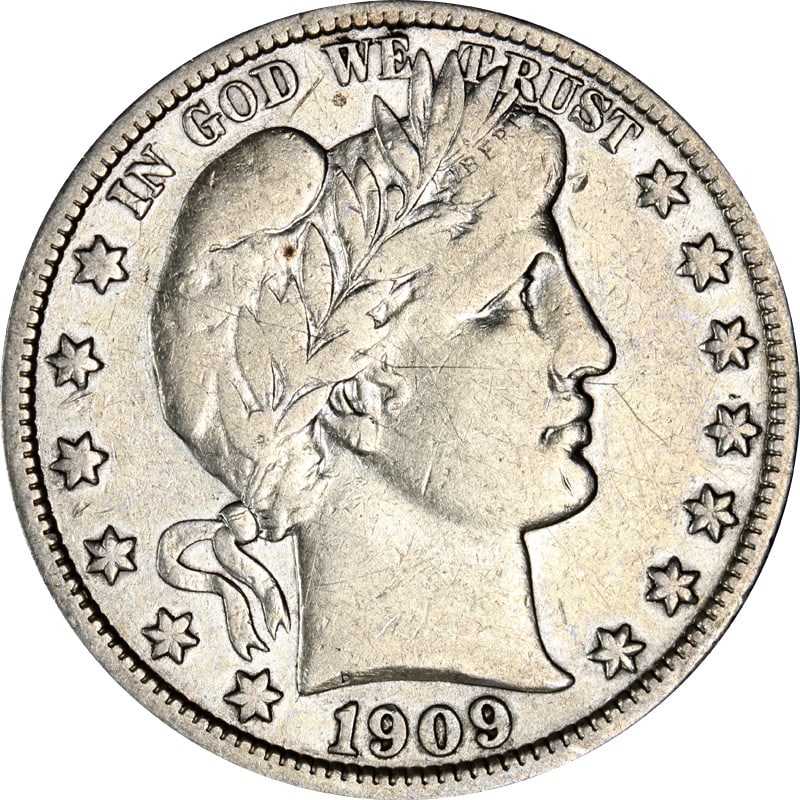 1909 Philadelphia Barber Half Dollar Silver Coin Cleaned: 1909 Philadelphia Barber Half Dollar Silver Coin Cleaned This 1909-P Barber Half Dollar is a circulated coin that has been cleaned. Struck in silver with a fineness of 0.9, it was minted in Philadelph