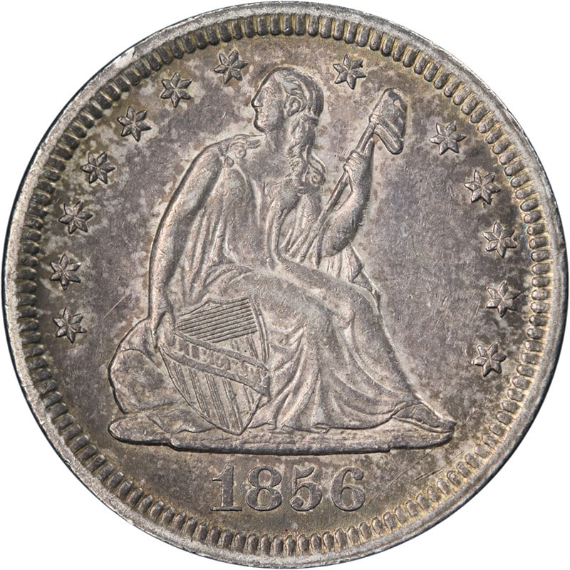 1856 Philadelphia Seated Liberty Quarter Silver AU to BU Grade: 1856 Philadelphia Seated Liberty Quarter Silver AU to BU Grade This 1856-P Seated Liberty Quarter is a circulated silver coin from the United States, featuring a strong strike and attractive luster. I