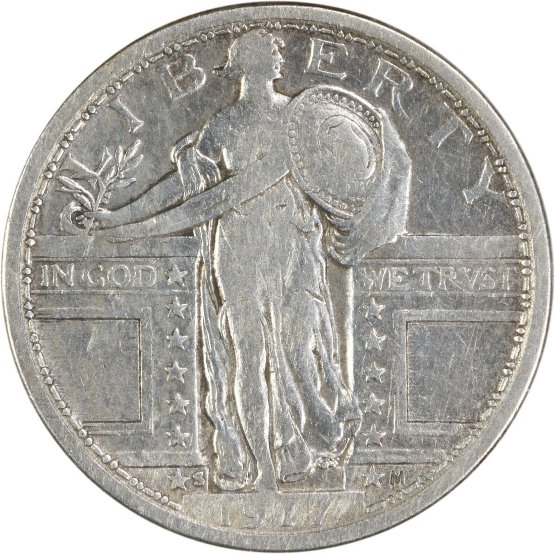 1917-S Standing Liberty Quarter 90% Silver Type 1 VF Uncertified: 1917-S Standing Liberty Quarter 90% Silver Type 1 VF Uncertified This 1917-S Standing Liberty Silver Quarter Type 1 is a remarkable piece of numismatic history, showcasing the artistry of designer Her