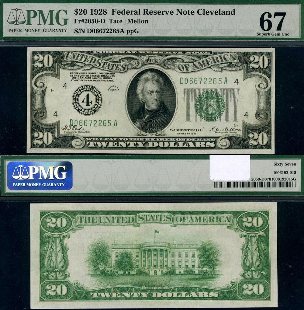 1928 $20 Federal Reserve Note Cleveland D-A Block PMG CU67: 1928 $20 Federal Reserve Note Cleveland D-A Block PMG CU67 This 1928 Federal Reserve Note, designated as FR. 2050 D, features a denomination of $20 and originates from the Cleveland D-A Block. It has 