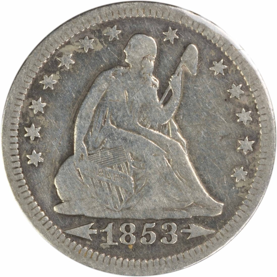 1853 Over 4 Seated Liberty Quarter 25C VG Philadelphia Uncertified Silver Coin: 1853 Over 4 Seated Liberty Quarter 25C VG Philadelphia Uncertified Silver Coin This is an 1853/4 Liberty Seated Silver Quarter, FS-301 variety, from the Philadelphia Mint. The coin is circulated and h