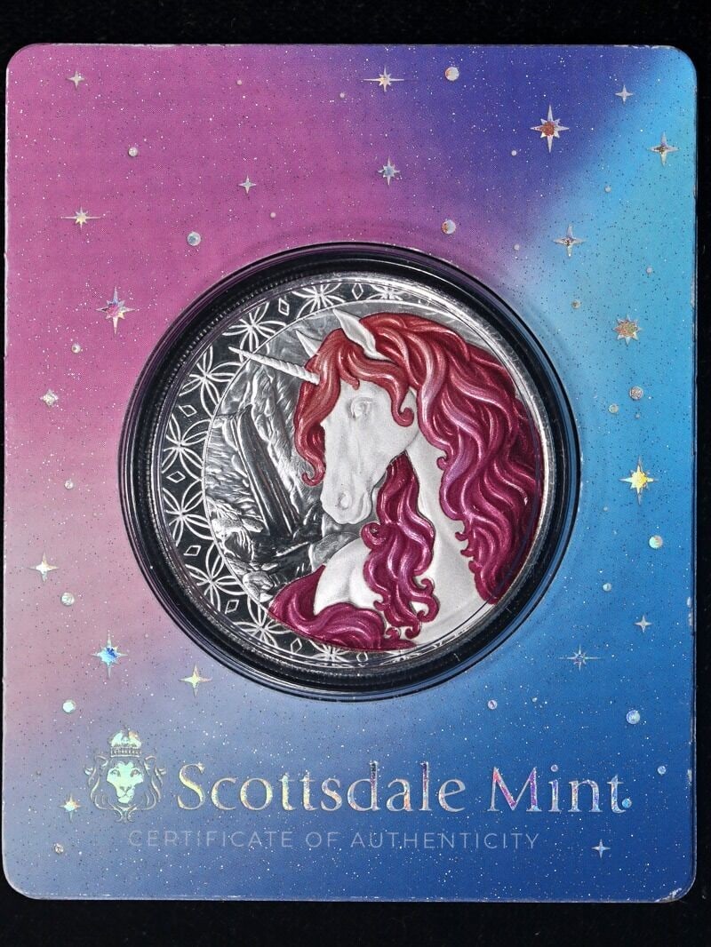Fiji 2025 $1 Unicorn Roselle Edition 1 Oz .999 Silver Coin OGP Card: Fiji 2025 $1 Unicorn Roselle Edition 1 Oz .999 Silver Coin OGP Card Original 2025 Fiji Unicorn Roselle Edition $1 coin struck in 1 ounce of .999 fine silver and presented in card OGP. This uncirculate