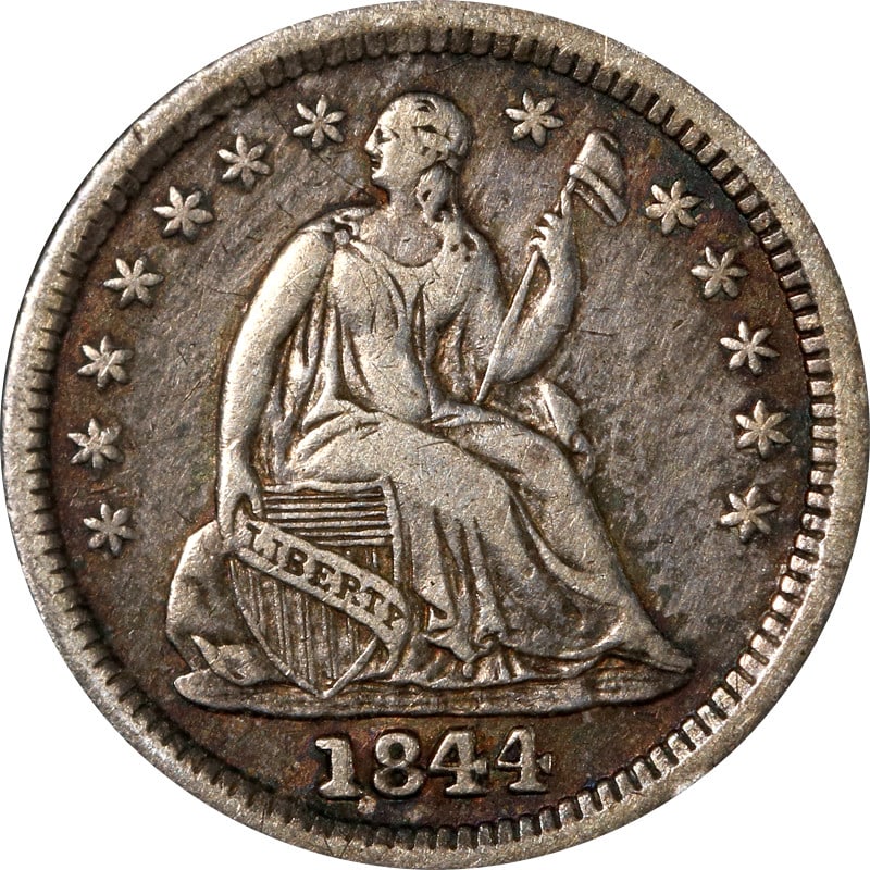1844 P United States Seated Liberty Silver Half Dime Coin: 1844 P United States Seated Liberty Silver Half Dime Coin 1844-P Seated Liberty Half Dime from the United States. This pre-owned coin is composed of silver and is listed as circulated and uncertified.