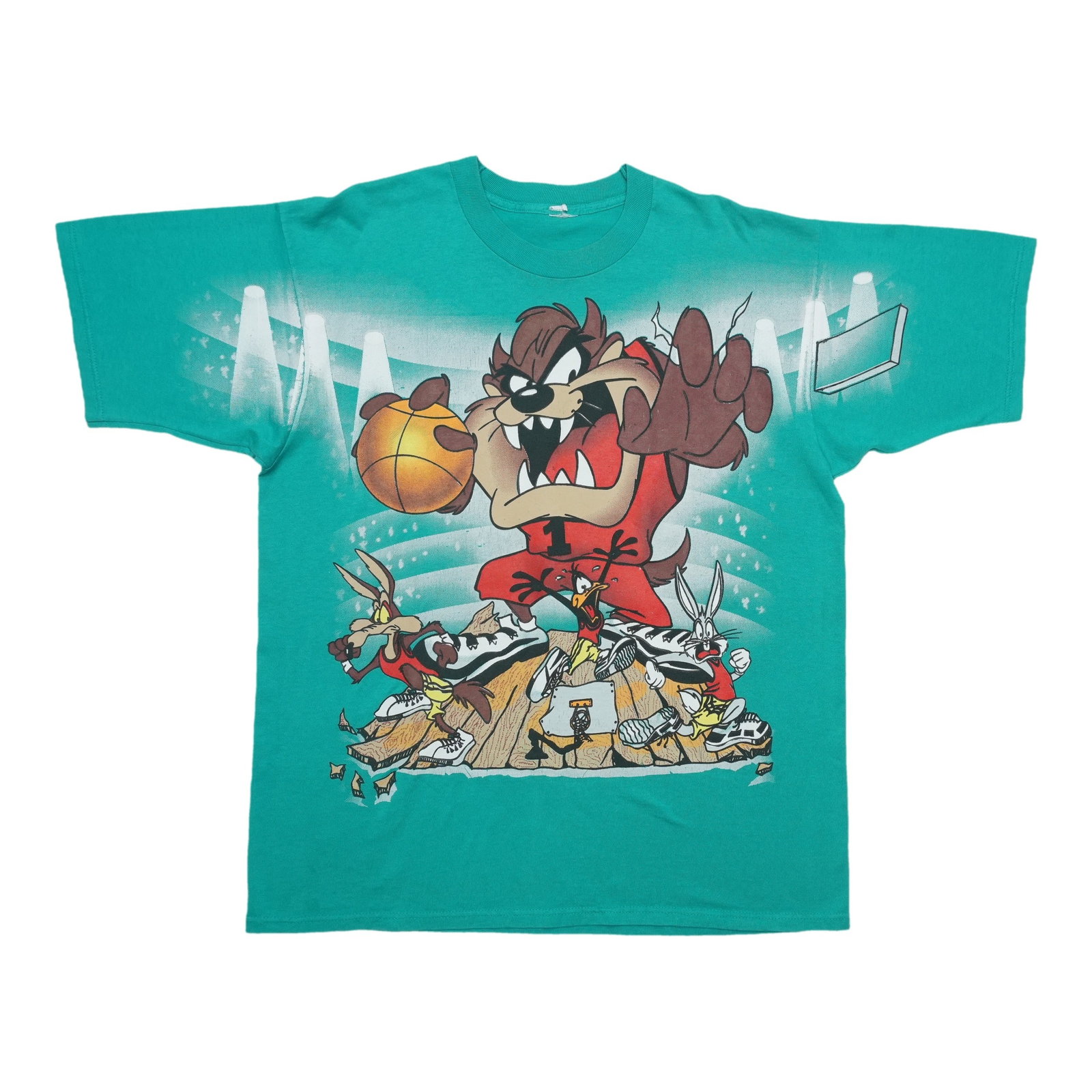 Vintage 1990s Taz Looney Tunes Green Cotton Basketball Graphic Tee: Vintage 1990s Taz Looney Tunes Green Cotton Basketball Graphic Tee This is an original vintage 1990s Looney Tunes Taz Basketball Shirt, featuring the iconic character Taz. It is not a modern reproduct