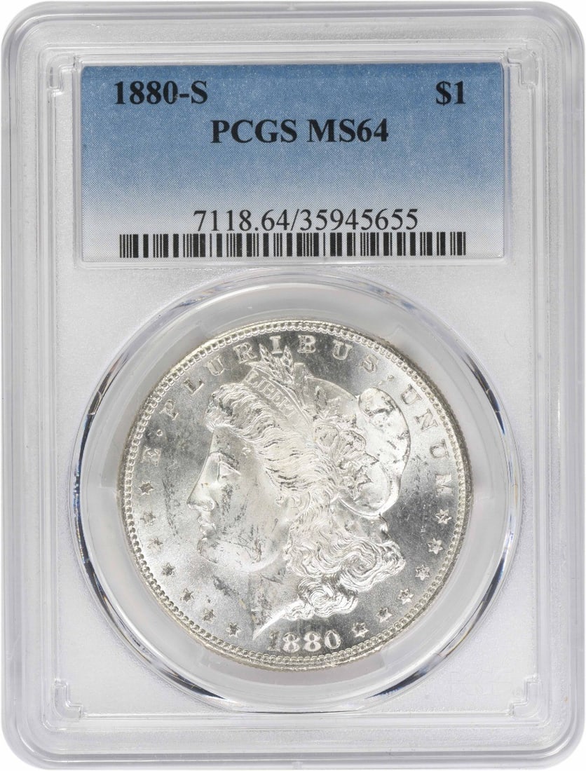 1880-S Morgan Silver Dollar MS64 PCGS Uncirculated Coin: 1880-S Morgan Silver Dollar MS64 PCGS Uncirculated Coin This 1880-S Morgan Silver Dollar, graded MS64 by PCGS, is an exceptional example of American numismatic history. Struck in 90% silver and 10% co