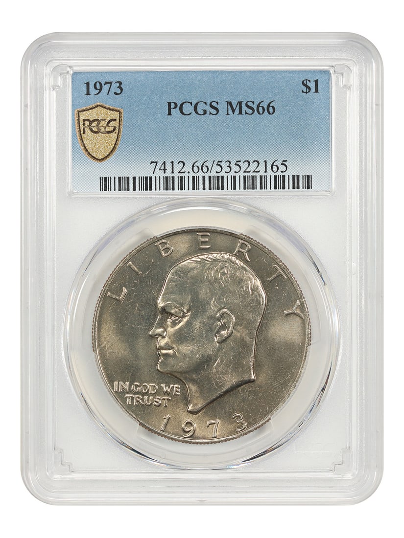PCGS MS66 1973 Philadelphia Eisenhower Dollar $1: PCGS MS66 1973 Philadelphia Eisenhower Dollar $1 1973 Ike Dollar certified by PCGS in MS66 grade. This pre-owned coin is listed as uncirculated. Specifications Denomination: $1 Year: 1973 Mint Locatio
