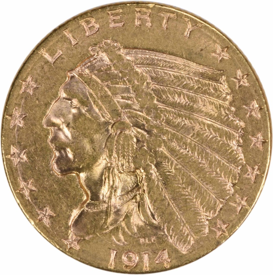 1914-D $2.50 Gold Indian Coin AU Uncertified by Bela Lyon Pratt: 1914-D $2.50 Gold Indian Coin AU Uncertified by Bela Lyon Pratt This 1914-D $2.50 Gold Indian coin features a stunning design by Bela Lyon Pratt, representing a significant piece of American history. 
