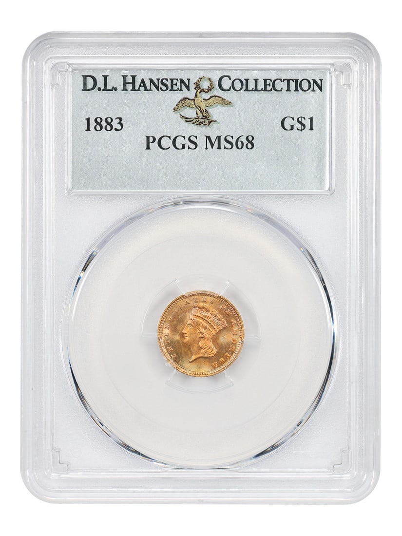 1883 Gold Dollar PCGS MS68 ex D.L. Hansen: 1883 Gold Dollar PCGS MS68 ex D.L. Hansen 1883 G$1 Gold Dollar certified by PCGS as MS68, ex: D.L. Hansen. This uncirculated example is described as an amazingly preserved ultra-gem with a low mintage