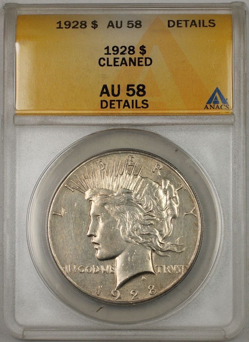 ANACS AU-58 Details Cleaned 1928 Peace Silver Dollar Philadelphia Mint: ANACS AU-58 Details Cleaned 1928 Peace Silver Dollar Philadelphia Mint This is a 1928 Peace Silver Dollar coin certified by ANACS with a grade of AU-58 Details and noted as cleaned. The coin was minte