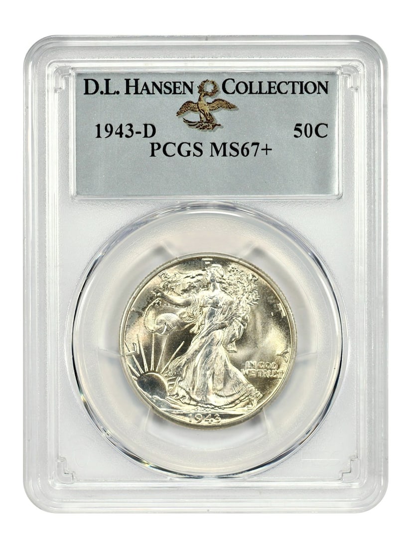 PCGS MS67+ 1943-D Walking Liberty Half Dollar 50C ex D.L. Hansen: PCGS MS67+ 1943-D Walking Liberty Half Dollar 50C ex D.L. Hansen 1943-D Walking Liberty Half Dollar certified by PCGS as MS67+ and noted ex: D.L. Hansen. This uncirculated example is described as an o