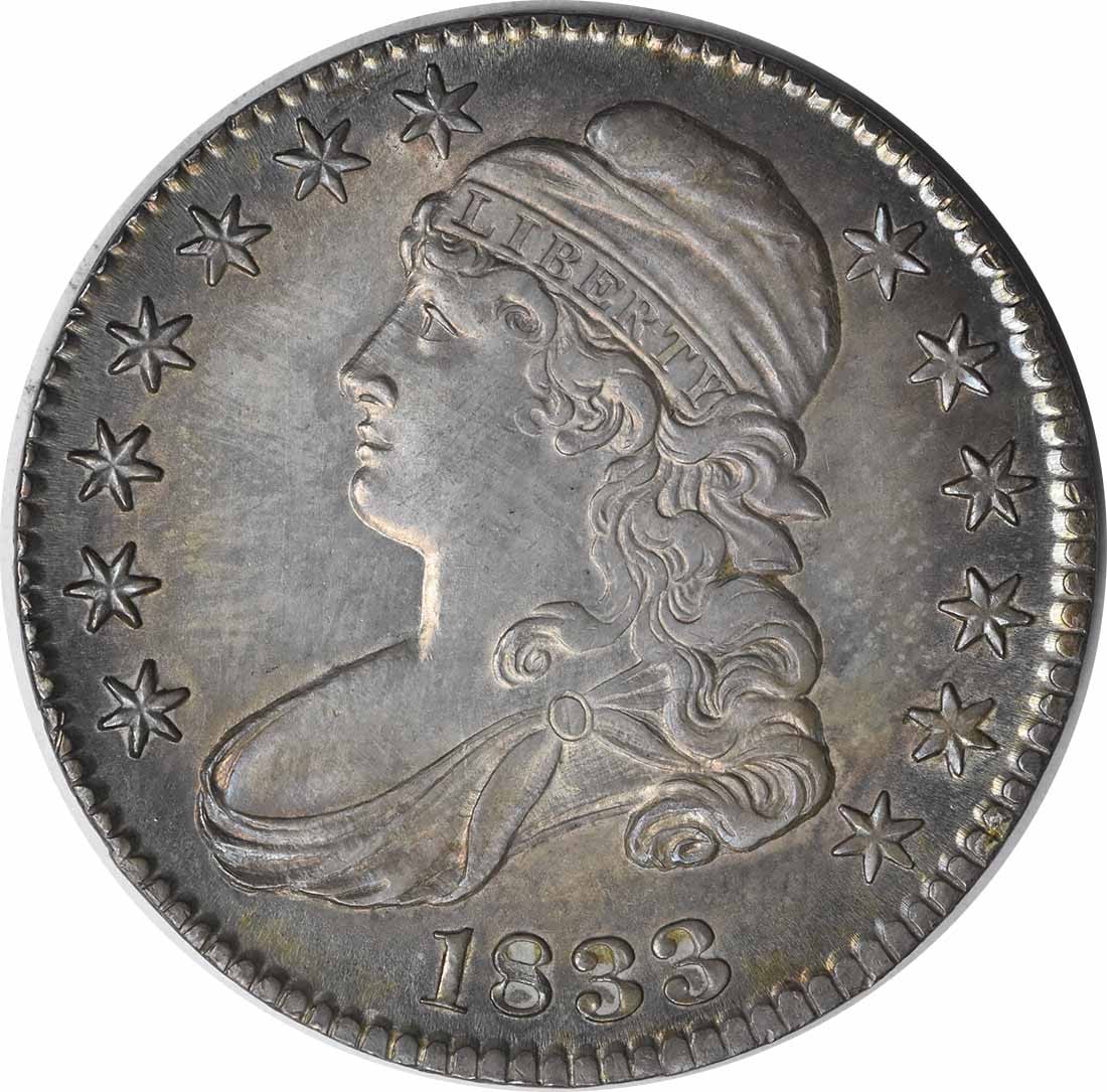 1833 Silver Bust Half Dollar BU Uncertified: 1833 Silver Bust Half Dollar BU Uncertified This 1833 Bust Half Dollar is an uncirculated, pre-owned silver coin from the United States. Featuring the classic draped bust design, it is graded BU and r