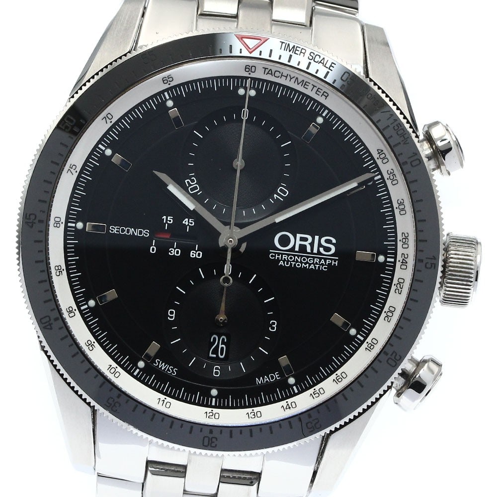 Men's automatic chronograph wristwatch ORIS Artix GT 7661-44: Men's automatic chronograph wristwatch ORIS Artix GT 7661-44 Pre-owned ORIS Artix GT Chronograph automatic men's wristwatch from Switzerland. It features a black dial, stainless steel case and band, a