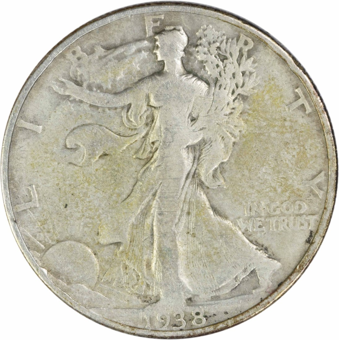 United States 1938 D Liberty Walking 50C Silver Half Dollar F: United States 1938 D Liberty Walking 50C Silver Half Dollar F 1938-D Walking Liberty silver half dollar coin. This circulated example is graded F and is uncertified. Pre-owned condition. Specification