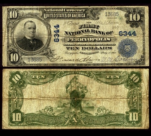 1902 PB $10 Perryopolis PA Charter 6344 Circulated Note: 1902 PB $10 Perryopolis PA Charter 6344 Circulated Note This $10 banknote from Perryopolis, Pennsylvania, issued in 1902 by the First National Bank is in Very Good condition. It features a large size 