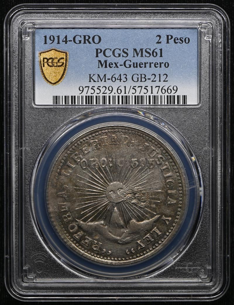 Mexico Guerrero 1914 2 Peso Gold Coin PCGS MS61 KM-643 GB-212: Mexico Guerrero 1914 2 Peso Gold Coin PCGS MS61 KM-643 GB-212 1914 Mexico Guerrero 2 Peso coin certified by PCGS and graded MS61. This pre-owned coin is listed as uncirculated and identified as KM-643