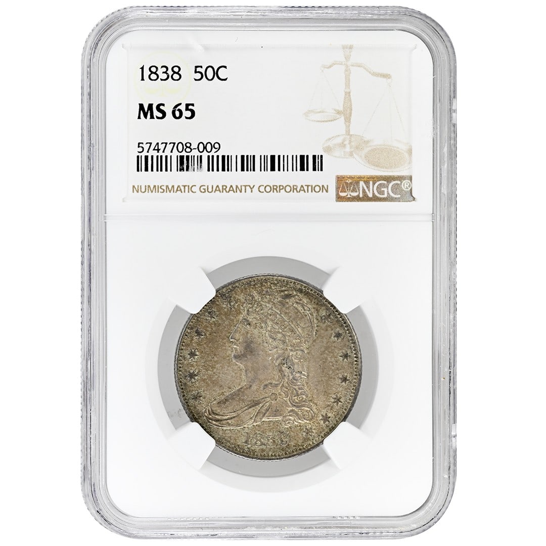 NGC MS65 1838 Capped Bust Half Dollar 50C Reeded Edge Silver: NGC MS65 1838 Capped Bust Half Dollar 50C Reeded Edge Silver 1838 Reeded Edge Capped Bust Half Dollar certified by NGC and graded MS65. This uncirculated silver 50C coin was minted in Philadelphia and