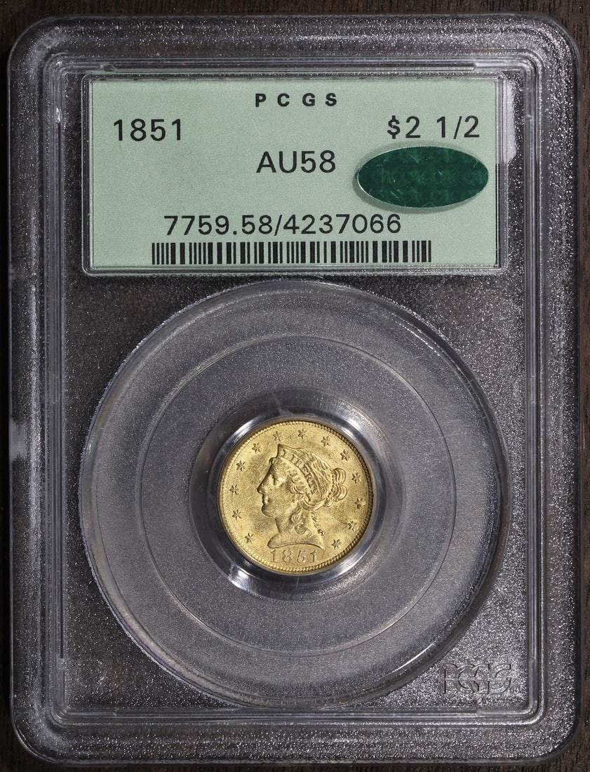 1851 Gold $2.50 Liberty Quarter Eagle AU58 PCGS CAC OGH: 1851 Gold $2.50 Liberty Quarter Eagle AU58 PCGS CAC OGH This is an 1851 Liberty Head Gold Quarter Eagle $2.50 coin, graded AU 58 by PCGS and certified by CAC. Struck in Philadelphia before 1933, this 