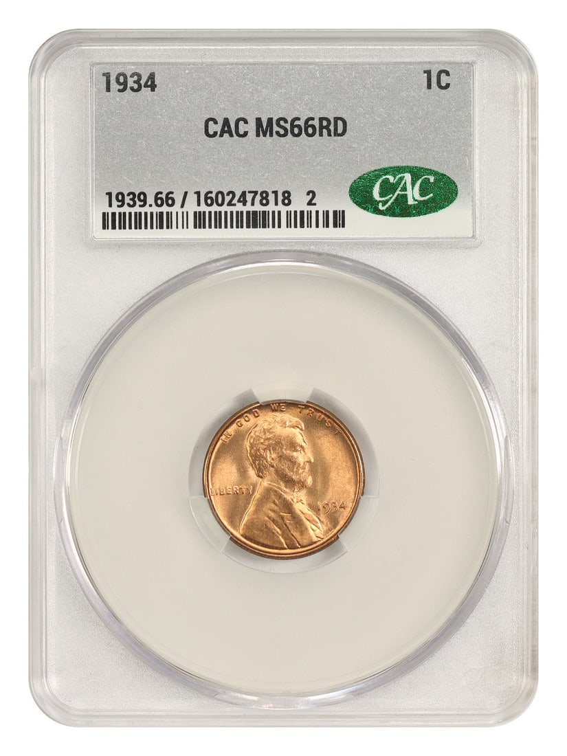 CACG MS66RD 1934 Lincoln Wheat Cent 1C Philadelphia: CACG MS66RD 1934 Lincoln Wheat Cent 1C Philadelphia 1934 Lincoln Cent with Wheat Reverse, certified by CACG in MS66RD. This Philadelphia issue is listed as uncirculated and pre-owned. Specifications D