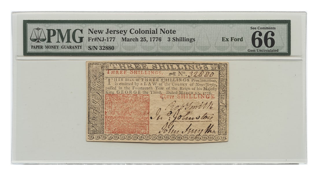 PMG 66 EPQ New Jersey 3 Shillings Colonial Note March 25 1776: PMG 66 EPQ New Jersey 3 Shillings Colonial Note March 25 1776 New Jersey Colonial Currency note dated March 25, 1776, denominated 3 Shillings. It is described as an attractive red and black note with 