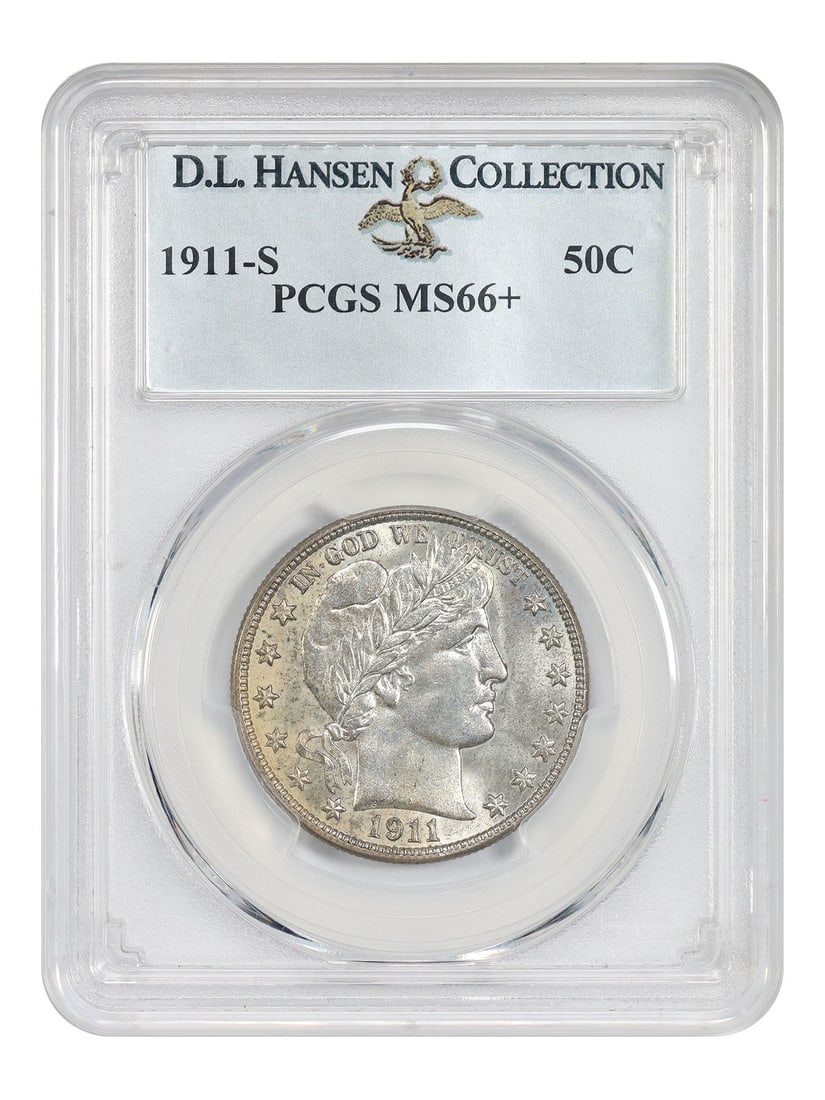 PCGS MS66+ 1911-S Barber Half Dollar 50C ex D.L. Hansen: PCGS MS66+ 1911-S Barber Half Dollar 50C ex D.L. Hansen 1911-S Barber Half Dollar certified by PCGS in MS66+ and pedigreed ex: D.L. Hansen. This uncirculated example is noted as rare in this grade, wi