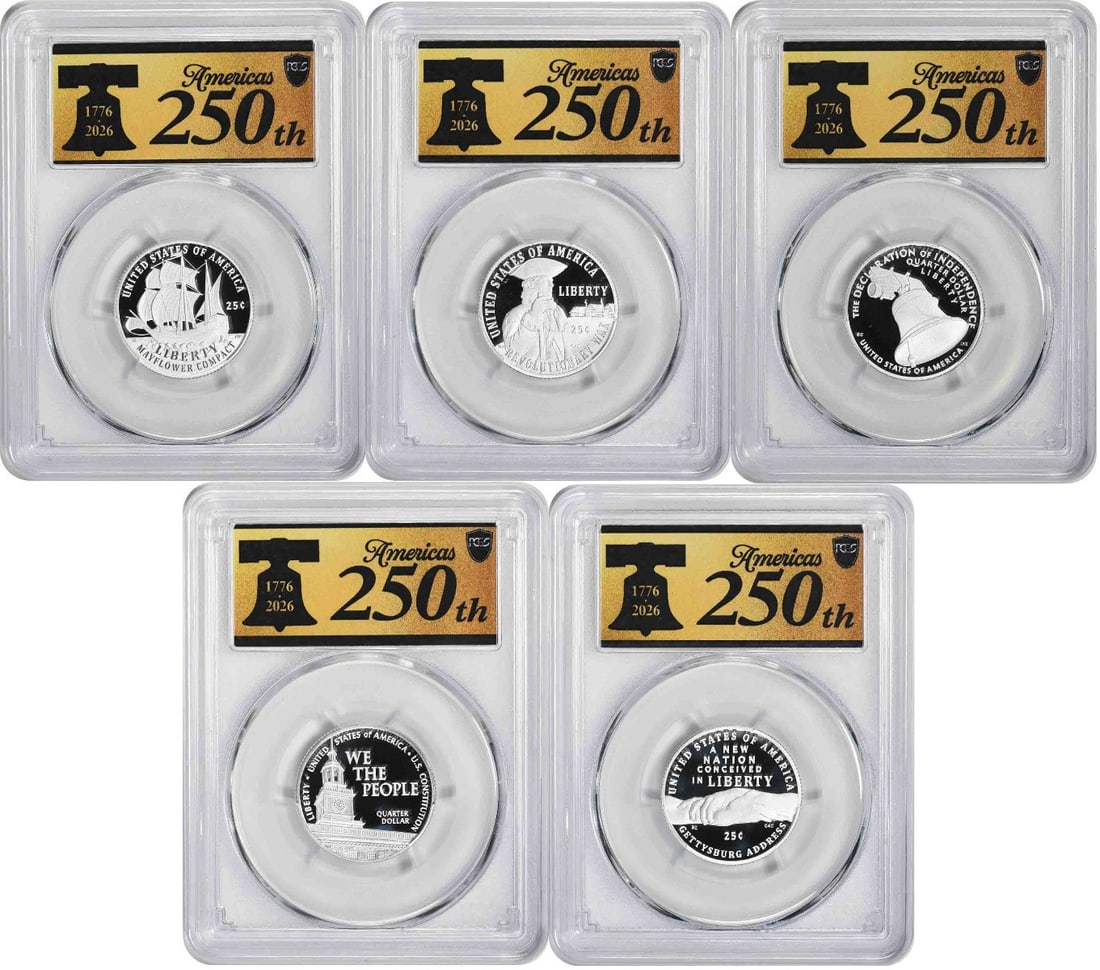 PCGS PR70DCAM 2026 S Silver Proof Quarter Set Anniversary Label FS: PCGS PR70DCAM 2026 S Silver Proof Quarter Set Anniversary Label FS 2026-S Semiquincentennial Silver Quarter Set graded PR70DCAM FS by PCGS with Anniversary Label. This uncirculated proof set is compos