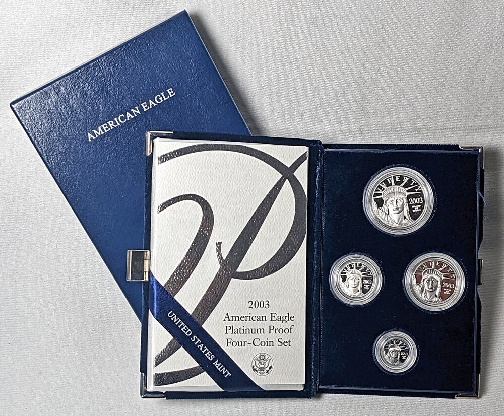 Set of 4 2003-W Proof Platinum American Eagle Bullion Coins: Set of 4 2003-W Proof Platinum American Eagle Bullion Coins This is an original 2003-W Platinum American Eagle 4 Coin Proof Bullion Coin Set from the United States Mint. Each coin is composed of
