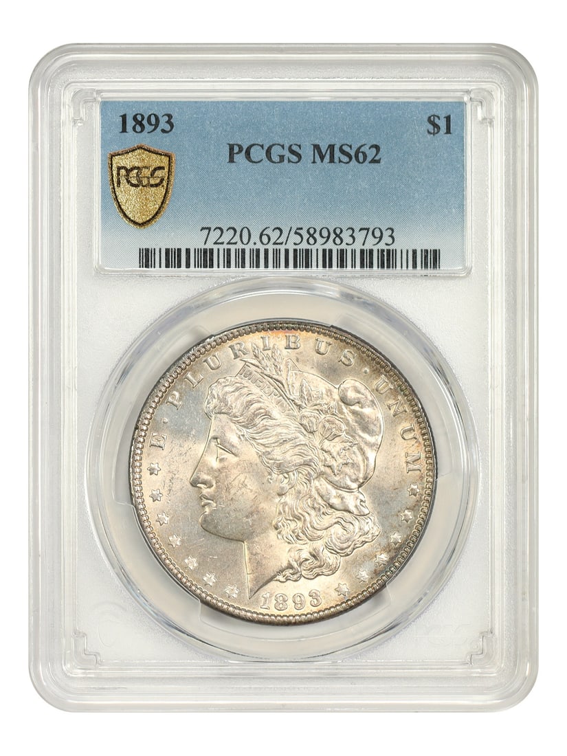 1893 P Mint Morgan Silver Dollar PCGS MS62 Better Date: 1893 P Mint Morgan Silver Dollar PCGS MS62 Better Date 1893 Morgan Dollar certified by PCGS in MS62 grade. This Philadelphia issue is a better date in the Morgan dollar series, with a low mintage of