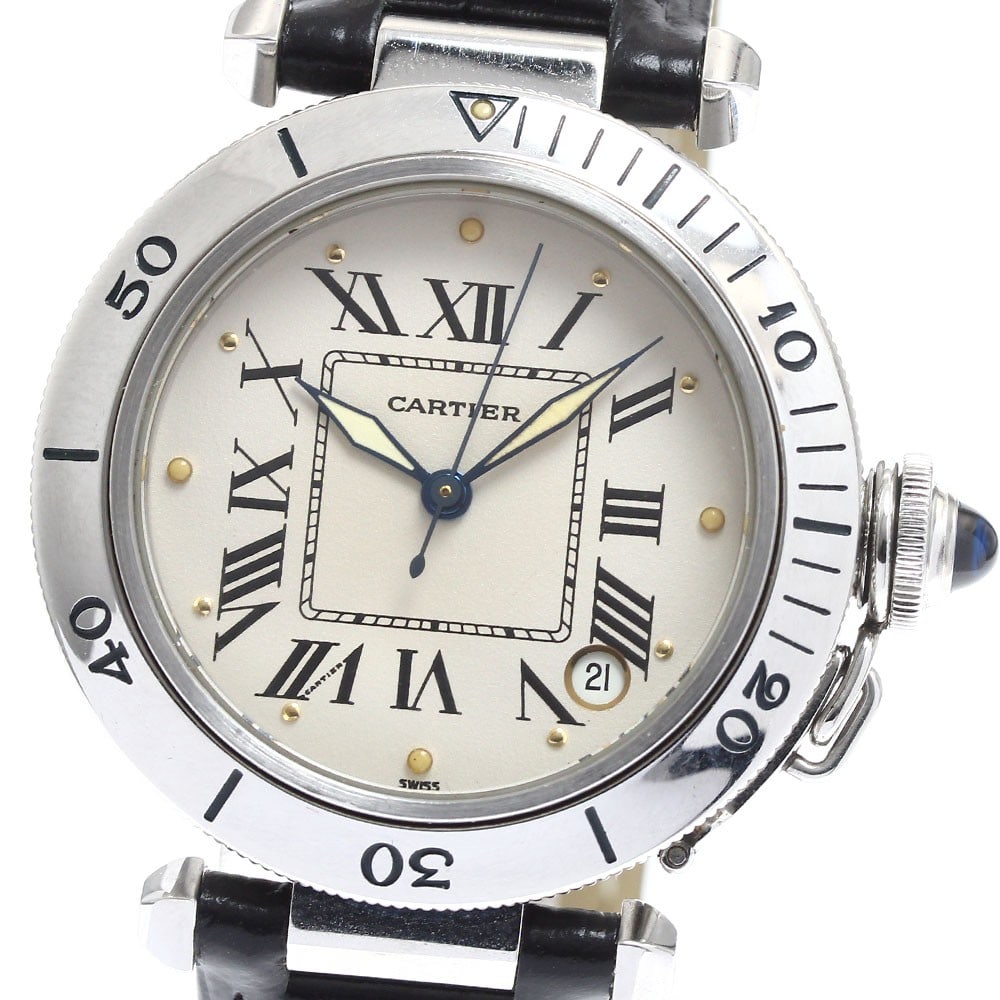 Cartier Pasha C W3100255 automatic wristwatch beige dial leather strap: Cartier Pasha C W3100255 automatic wristwatch beige dial leather strap Cartier Pasha C automatic men's wristwatch, reference W3100255, with a beige dial and date function. It features a stainless stee