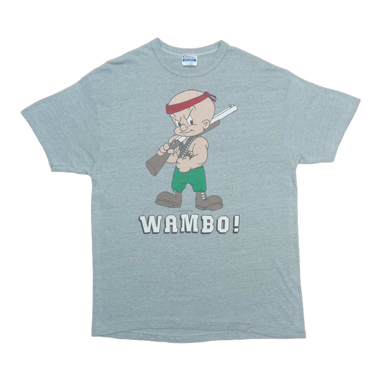 Vintage 1985 Elmer Fudd Wambo Rambo Grey Cotton Blend Shirt: Vintage 1985 Elmer Fudd Wambo Rambo Grey Cotton Blend Shirt This is an original vintage 1985 Elmer Fudd Wambo Rambo parody shirt, not a modern reproduction. The shirt is made from a cotton blend in
