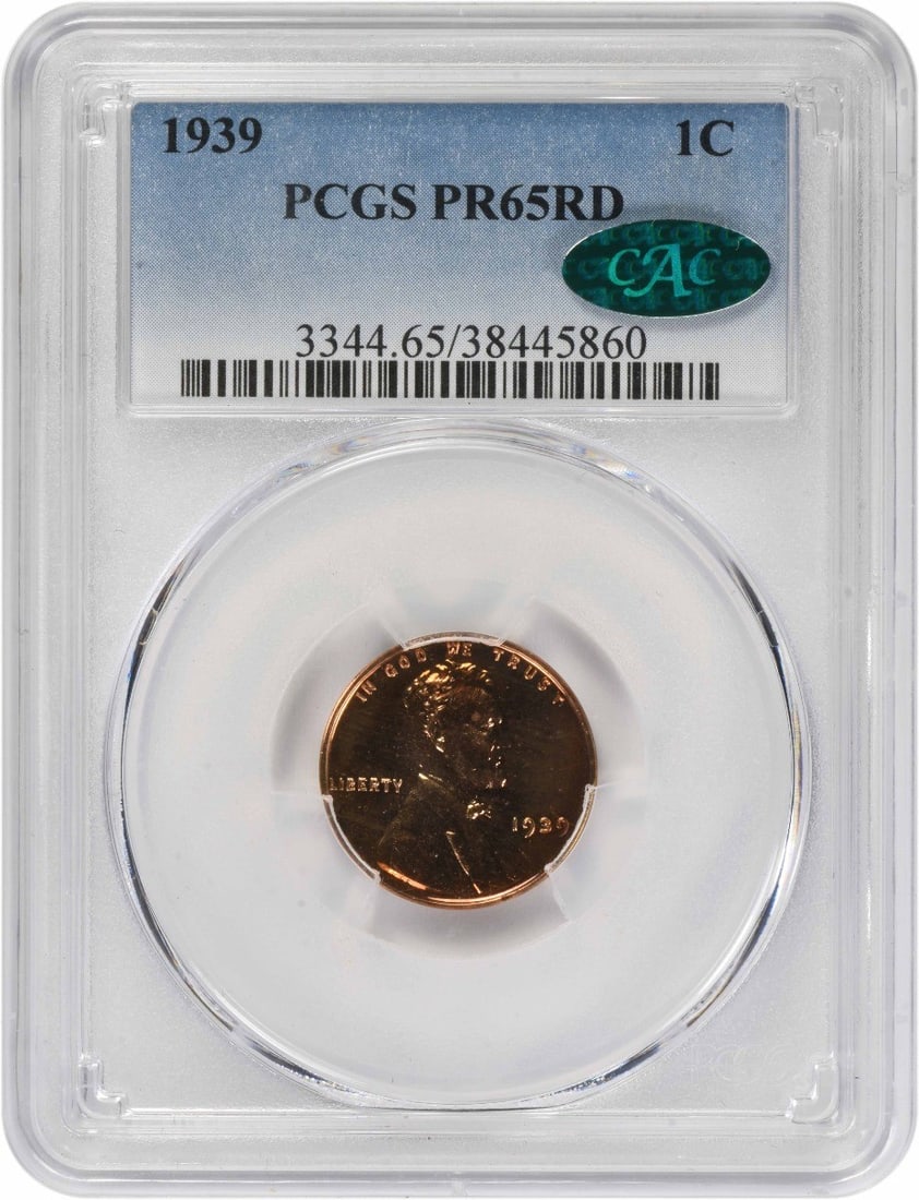 1939 Proof Lincoln Wheat Cent PCGS PR65RD CAC Certified: 1939 Proof Lincoln Wheat Cent PCGS PR65RD CAC Certified This is a 1939 Lincoln Wheat Cent graded PR65RD by PCGS with CAC approval. Struck in copper as a proof coin, it features no mint mark and is