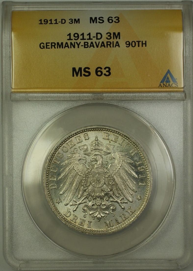 ANACS MS-63 1911-D Bavaria 3 Marks Silver Luitpold Coin (1 of 2)