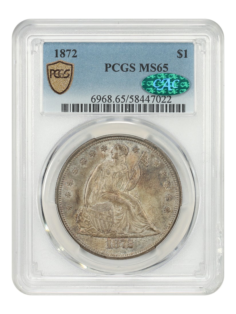 1872 Liberty Seated Silver Dollar PCGS CAC MS65 $1: 1872 Liberty Seated Silver Dollar PCGS CAC MS65 $1 1872 Liberty Seated Dollar graded PCGS MS65 with CAC approval. This Philadelphia issue had a mintage of more than 1,000,000 pieces, making it one of 