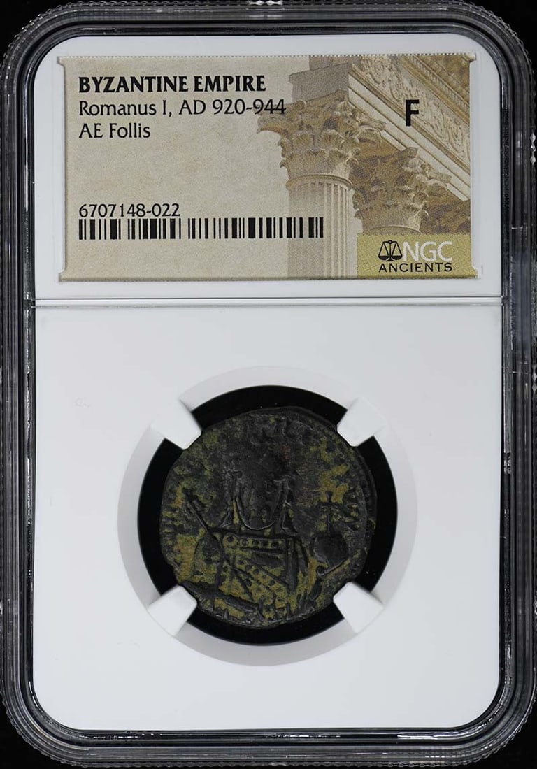 Byzantine Empire AE Follis Coin Romanus I NGC Certified AD 920-944: Byzantine Empire AE Follis Coin Romanus I NGC Certified AD 920-944 This is a Byzantine Empire AE Follis coin from the reign of Romanus I, dated AD 920-944. The coin is certified by NGC and originates 
