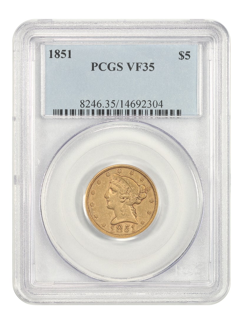 1851 Liberty Head Half Eagle $5 PCGS VF35: 1851 Liberty Head Half Eagle $5 PCGS VF35 1851 Liberty Head $5 gold coin certified by PCGS in VF35 condition. This circulated no motto half eagle is presented in pleasing midgrade condition with even 