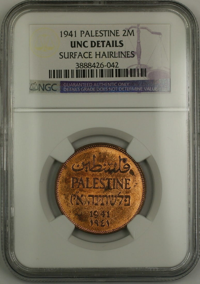 NGC UNC Details 1941 Palestine 2 Mils Coin: NGC UNC Details 1941 Palestine 2 Mils Coin This 1941 Palestine 2 Mils coin has been certified by NGC with an UNC Details grade, indicating it is uncirculated but exhibits surface hairlines. The coin i