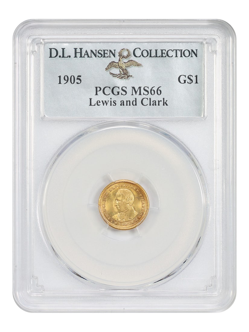 PCGS MS66 1905 Lewis and Clark G$1 Gold Commemorative ex D.L. Hansen: PCGS MS66 1905 Lewis and Clark G$1 Gold Commemorative ex D.L. Hansen 1905 Lewis and Clark Gold Dollar classic gold commemorative, graded PCGS MS66 and from the D.L. Hansen collection. This uncirculate