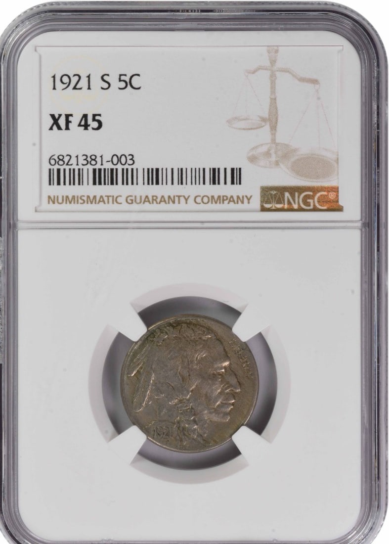 NGC EF45 San Francisco 1921 Buffalo Nickel 5 Cent Coin: NGC EF45 San Francisco 1921 Buffalo Nickel 5 Cent Coin This 1921-S Buffalo Nickel is graded EF45 by NGC. Struck at the San Francisco Mint, it features a composition of 75% copper and 25% nickel. Desig