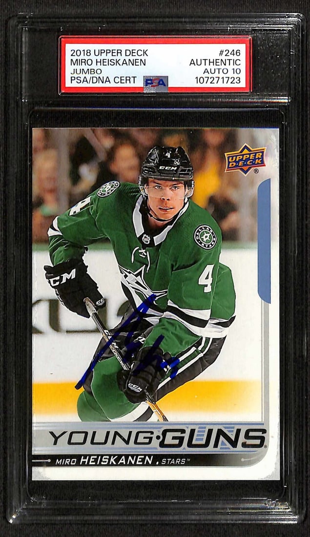 Miro Heiskanen 2018 Upper Deck Jumbo Young Guns RC Signed PSA/DNA 10: Miro Heiskanen 2018 Upper Deck Jumbo Young Guns RC Signed PSA/DNA 10 This is an autographed 2018 Upper Deck Young Guns rookie card featuring Miro Heiskanen, a prominent player for the Dallas Stars. Th