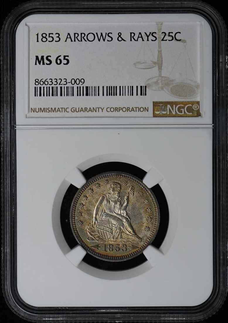 NGC MS65 1853 Seated Liberty Quarter with Arrows and Rays: NGC MS65 1853 Seated Liberty Quarter with Arrows and Rays This 1853 Arrows & Rays Seated Liberty Quarter is certified by NGC with a grade of MS65. Struck in Philadelphia, this uncirculated U.S. coin f