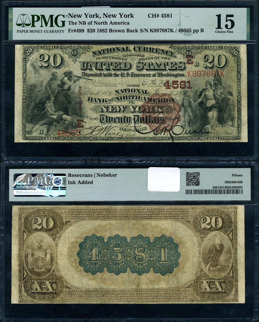 1882 BB $20 National Bank Note PMG F15 New York Charter 4581: 1882 BB $20 National Bank Note PMG F15 New York Charter 4581 This is a $20 National Bank Note from New York, dated 1882 BB. Graded PMG Choice F15, this circulated note is certified by PMG, with a comm