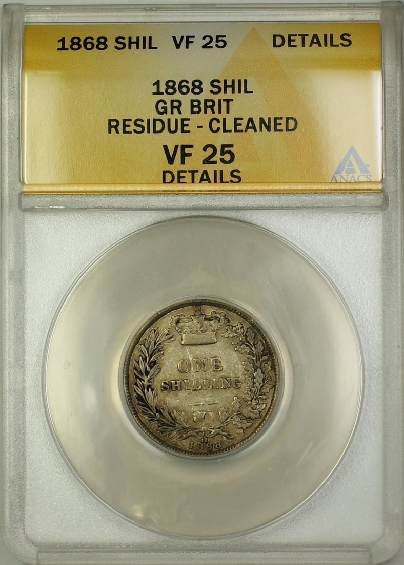 1868 Silver Shilling United Kingdom Coin ANACS VF 25 Details Die 12: 1868 Silver Shilling United Kingdom Coin ANACS VF 25 Details Die 12 This 1868 Die 12 Great Britain shilling is composed of silver and graded VF-25 Details by ANACS. The coin is circulated and has been